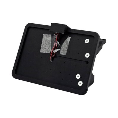 Black powder coated aluminum. Side mount. Brackets take 143mm x 210mm EU sized license plates. Includes LED 'Largelight' license plate illumination. 
The license plate actually slides inside the license plate bracket from the underside and is secured on the back side with a, virtually invisible, set-screw. 
A very clean system.