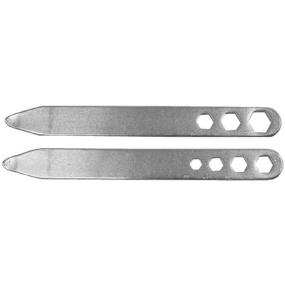 Forged steel tire irons in a set of 2 pieces with 3 added stamped metric socket sizes in each lever for convenience. Sizes include 8mm, 10mm, 12mm, 13mm, 14mm and 17mm wide.