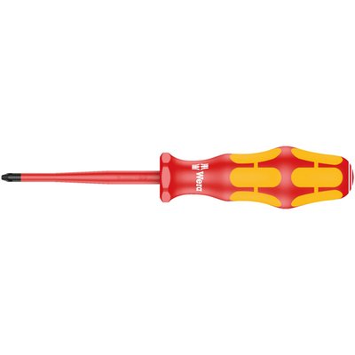 Series 162 iS PH VDE Phillips insulated screwdriver. 
Allows working with live wiring up to 1000V, individually tested as per IEC 60900. 
With multi-component handle. 
Shaft is zinc-phosphated and had a reduced diameter, with integrated protective insulation, to allow better access to sunken screws and spring elements.
Tip thickness at tip: PH1. 
Shaft length: 80mm. 
Handle length: 98mm.