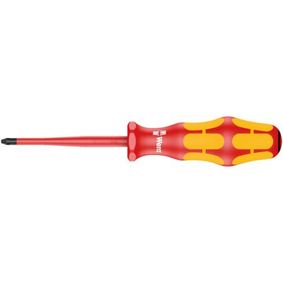 Series 165 iS PZ VDE Pozidriv insulated screwdriver. 
Allows working with live wiring up to 1000V, individually tested as per IEC 60900. 
With multi-component handle. 
Shaft is zinc-phosphated and had a reduced diameter, with integrated protective insulation, to allow better access to sunken screws and spring elements.
Tip thickness at tip: PZ1. 
Shaft length: 80mm. 
Handle length: 98mm.