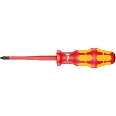Series 165 iS PZ VDE Pozidriv insulated screwdriver. 
Allows working with live wiring up to 1000V, individually tested as per IEC 60900. 
With multi-component handle. 
Shaft is zinc-phosphated and had a reduced diameter, with integrated protective insulation, to allow better access to sunken screws and spring elements.
Tip thickness at tip: PZ2. 
Shaft length: 100mm. 
Handle length: 105mm.