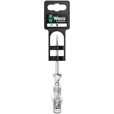 247 Series. Screwdriver with non-hardened slotted tip.
Used for voltage testing, between 150 to 250 Volt only.
Translucent Kraftform handle with carrying clip.
Nut size: 0.5mm.
Shaft length: 3mm.
Handle length: 70mm.
Shaft diameter: 3mm.
Note: The Wera single pole voltage tester is compatible with 150-250 Volt only. It is not VDE approved and may not be sold in the USA or Canada due to legislative restrictions.