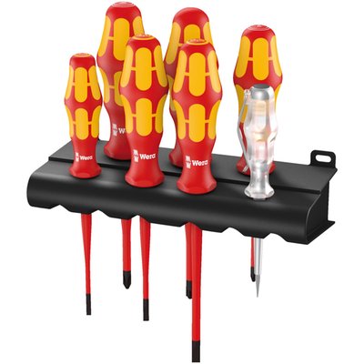 7-piece VDE insulated screwdriver set, with one separate voltage tester for 150-250V only.
Other screwdrivers allow working with live wiring up to 1000V, individually tested as per IEC 60900.
With multi-component handles.
Shafts are Black Point tipped, zinc-phosphated and have reduced diameters, with integrated protective insulation, to allow better access to sunken screws and spring elements (excl. voltage tester).
With screwdriver holding rack. Packed in display carton.
Kit includes:
2 Phillips screwdrivers.
Series 162 iS PH1 x 80mm.
Series 162 iS PH2 x 100mm.
1 PlusMinus (Pozidriv/slotted) screwdriver.
Series 165 iS PZ/S #2 x 100mm.
4 Slotted screwdrivers.
Series 160 iS 0.6 x 3.5 x 100mm.
Series 160 iS 0.8 x 4.0 x 100mm.
Series 160 iS 1.0 x 5.5 x 125mm.
Series 247 0.5 x 3.0 x 70mm.
Note: The Wera single pole voltage tester is compatible with 150-250 Volt only. It is not VDE approved and may not be sold in the USA or Canada due to legislative restrictions.
