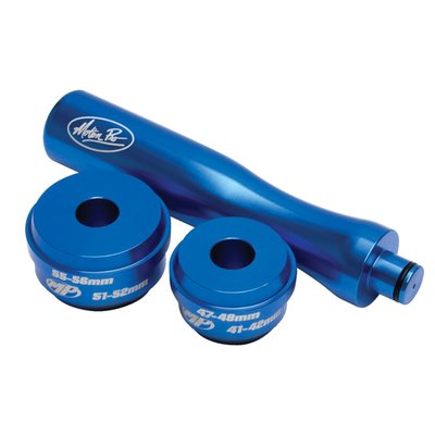 Fits tapered steering bearings 41-42 mm, 47-48 mm, 51-52 mm and 55-56 mm; double sided drivers; Safely installs the tapered bearing race in the frame; durable 6061-T6 anodized aluminum; Ergonomic handle