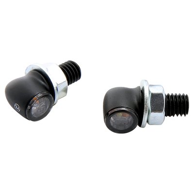 For turn signal (amber LEDs) & position light use (white LEDs). Front use. Universal lighting module. Comes with a tinted lens and a black metal body with M8 x 18mm long threads. ECE approved for front use. Dimensions: 11mm diameter lens x 12mm wide x 16mm deep. Weight 20 grams each