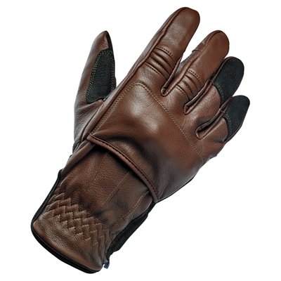 With a full thermal barrier inside, Lycra comfort liner and zero venting, this glove is designed with cooler weather riding in mind. For extremely cold conditions, the only thing better would be heated liners. 
Meets CE 89/686 safety standard for motorcycle operation

* Exterior: 100% leather construction for durability 
* Suede friction zones with strategic padding for impact protection 
* Wind- & water resistant internal thermal barrier for warmth and dryness when riding in cooler weather
* Moisture-wicking fleece Lycra liner for comfort 
* Perforated palm panels for flex and added durability 
* Padded, internal high-impact plastic knuckle guards 
* Adjustable wrist closure with elastic gathers for a snug, custom fit 
* Thermoplastic rubber wrist pull with Biltwell branding and Velcro fastener 
