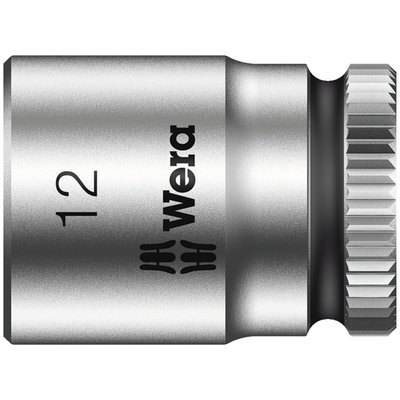 8790 HMA. 1/4" drive for hex bolts and nuts. 
Chrome vanadium with a brushed chrome plated finish and color
coded for finding the right size quickly. 
Knurled at the base for easier manual turning. With ball intercept ring. 
Overall socket length 23mm. 
Note: Not compatible with impact wrenches. 
Size: 12.0