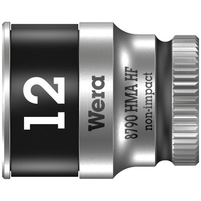 8790 HMA HF. 1/4" drive for hex bolts and nuts. 
With holding function. Chrome vanadium with a brushed
chrome plated finish and color coded for finding the right
size quickly. Knurled at the base for easier manual turning.
With ball intercept ring. 
Overall socket length 23mm. 
Note: Not compatible with impact wrenches. 
Size: 12.0