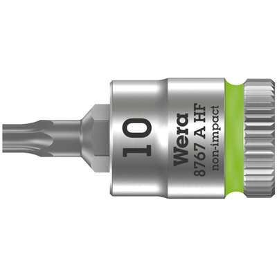 8767 A HF TORX®. 1/4" drive for Torx® bolts/screws. 
These socket bits come with holding function. Chrome vanadium with a
brushed chrome plated finish and color coded for finding
the right size quickly. Knurled at the base for easier
manual turning. With ball intercept ring. Overall length
is mentioned in millimeters. 
Note: Not compatible with impact wrenches. 
Size: TX10. 
Overall length: 28mm.