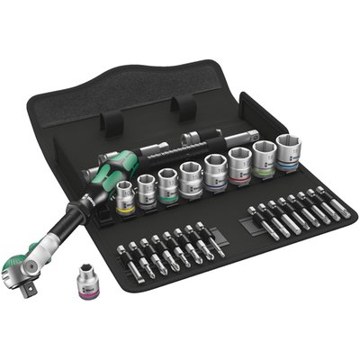 8100 SB 6. 29-piece 3/8" drive in metric sizes. This kit tackles many wrenching needs. 
Includes a Zyklop speed ratchet, a Zyklop extension with free-turning sleeve, a Zyklop wobble extension, 9 sockets from M8 to M19 with a brushed chrome finish, color coding, ball intercept ring and knurls at the base for manual turning. 
Not for impact use. 
Also included a Zyklop bit adapter socket and bit sockets for Torx®, Hex head (Allen heads), Phillips and Pozidriv screws All is packed in a small and extreme robust folding textile box to keep it well organized and portable. 
Comes with hook & loop strips on the back for easy attachment to various objects.
Series 8000 B Zyklop speed ratchet. 
3/8" drive x 199mm long. Innovative function-packed ratchet with multi-component Kraftform handle. 
The green free-turning ribbed sleeve is for switching between left & right ratcheting. The swiveling ratchet head can be locked at 0° and 90° and 15° before 90° inwards.
Locked at 0° it allows use as a conventional screwdriver.
With pushbutton socket release and a fine ratchet tooth design allowing a small 5° return angle. 
Series 8790 HMB - Zyklop sockets. 
3/8" drive for hex bolts and nuts. Knurled at the base for manual turning. With ball intercept ring. 
Incl. 8.0; 10; 12; 13; 15; 16; 17; 18; 19. 
Series 8794 LB Zyklop flexible extension. 
3/8" drive x 200mm long. With ball lock sockets and free turning sleeve.
Series 8794 B - Zyklop wobble extension. 
3/8" drive x 76mm long. Allows 15° connection angle in all directions.
Series 8784 B1 - Zyklop bit adapter socket. 
3/8" drive. With quick-release chuck for fast bit changes.
44mm long. Takes 1/4" hex bits as per DIN ISO 1173-C 
6.3 and E 6.3 and Wera series 1 and 4. 
Series 851/4 TZ - Phillips extended bits. 
1/4" drive. Torsion style. 50mm long. Universal.
Incl. PH1; PH2; PH3. 
Series 855/4 TZ PZ - Pozidriv extended bits. 
1/4" drive. Torsion style. 50mm long. Universal.
Incl. PZ1; PZ2; PZ3
867/4 Z - Torx® extended bits
1/4" drive. 50mm long. 
Incl. TX20; TX25; TX27; TX30; TX40. 
Series 840/4 Z - Hex (Allen head) extended bits. 
1/4" drive. Hex-Plus bits, with larger tool to bolt contact to prevent bolt damage. Fits all hex (Allen head) bolts. 
50mm long. Universal. 
Incl. 4.0; 5.0; 6.0; 8.0.
Series 800/4 Z - Bit for slotted screws
1/4" drive, 1 x 5.5 x 50