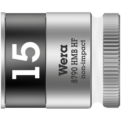 8790 HMB HF. 3/8" drive for hex bolts and nuts. With
holding function. 
Chrome vanadium with a brushed chrome plated finish and color coded for finding the right
size quickly. Knurled at the base for easier manual turning. 
With ball intercept ring. Overall socket length 29mm. 
Note: Not compatible with impact wrenches.
Size: 15.0