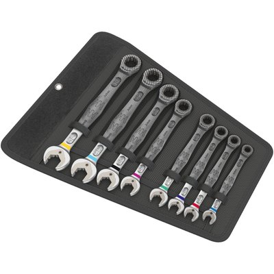 US sizes. 8-piece set.
Incl. 8 wrenches with an open end on one side and a ratcheting box end on the
other side. With identical sizes on both ends. Packed
in a robust textile pouch. Color coded for size. When
everything fails, it's time to play your Joker.
- Open end.
The Joker has a non-angled 12-point beak, therefore it
requires just 30° of working space, otherwise it functions
just like a regular open end wrench. The dark metal
plate dual functions as a retainer, preventing the nut
to slip through the wrench beak or it holds the nut. 30°
further the metal retainer plate allows the nut to slide
through, or grip it since the metal plate is equipped with
a hardened ragged edge. The teeth of this edge will 'bite'
itself into a rounded-off nut, loosening it where others
do nothing but slip-off.
- Box end.
Comes with a very fine 80 tooth ratchet for a small
4.5° return angle. Ratcheting direction is indicated on both sides.
Set includes:
Size: 5/16" Overall length: 144mm.
Size 3/8" Overall length 159mm.
Size 7/16" Overall length 165mm.
Size 1/2" Overall length 177mm.
Size 9/16" Overall length 188mm.
Size 5/8" Overall length 212mm.
Size 11/16" Overall length 235mm.
Size 3/4" Overall length 246mm.