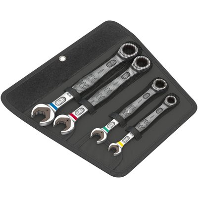Metric. 4-piece set.
Incl. 4 wrenches with an open end on one side and a ratcheting box end on the other side,
with identical sizes on both ends. Packed in a robust
textile pouch with hook and loop on the rear side. Color
coded for size. When everything fails, it's time to play
your Joker.
- Open end.
The Joker has a non-angled 12-point beak, therefore it
requires just 30° of working space, otherwise it functions
just like a regular open end wrench. The dark metal
plate dual functions as a retainer, preventing the nut
to slip through the wrench beak or it holds the nut. 30°
further the metal retainer plate allows the nut to slide
through, or grip it since the metal plate is equipped with
a hardened ragged edge. The teeth of this edge will 'bite'
itself into a rounded-off nut, loosening it where others
do nothing but slip-off.
- Box end.
Comes with a very fine 80 tooth ratchet for a small
4.5° return angle. Ratcheting direction is indicated on both sides.
Size: 10mm Overall length: 159mm.
Size: 13mm Overall length: 177mm.
Size: 17mm Overall length: 224mm.
Size: 19mm Overall length: 246mm.