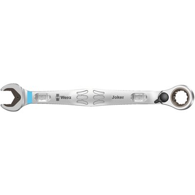 With an open end on one side and a ratcheting box end
on the other side. With identical sizes on both ends.
Color coded for size. When everything fails, it's time
to play your Joker.
- Open end.
The Joker has a non-angled 12-point beak, therefore it
requires just 30° of working space, otherwise it functions
just like a regular open end wrench. The dark metal
plate dual functions as a retainer, preventing the nut
to slip through the wrench beak or it holds the nut. 30°
further the metal retainer plate allows the nut to slide
through, or grip it since the metal plate is equipped with
a hardened ragged edge. The teeth of this edge will 'bite'
itself into a rounded-off nut, loosening it where others
do nothing but slip-off.
- Box end.
The box end head is angled at 15° from the handle.
Comes with a switch for ratcheting direction and a
very fine 80 tooth ratchet for a small 4.5° return angle.
Size: 11mm.
Overall length: 165mm.