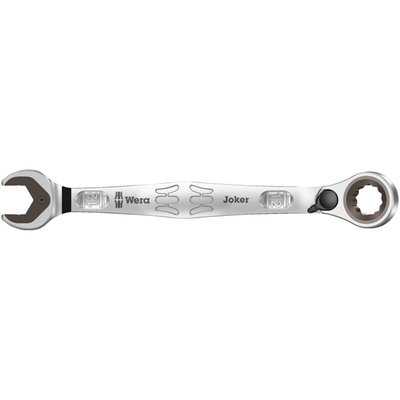 With an open end on one side and a ratcheting box end
on the other side. With identical sizes on both ends.
Color coded for size. When everything fails, it's time
to play your Joker.
- Open end.
The Joker has a non-angled 12-point beak, therefore it
requires just 30° of working space, otherwise it functions
just like a regular open end wrench. The dark metal
plate dual functions as a retainer, preventing the nut
to slip through the wrench beak or it holds the nut. 30°
further the metal retainer plate allows the nut to slide
through, or grip it since the metal plate is equipped with
a hardened ragged edge. The teeth of this edge will 'bite'
itself into a rounded-off nut, loosening it where others
do nothing but slip-off.
- Box end.
The box end head is angled at 15° from the handle.
Comes with a switch for ratcheting direction and a
very fine 80 tooth ratchet for a small 4.5° return angle.
Size: 12mm.
Overall length: 171mm.