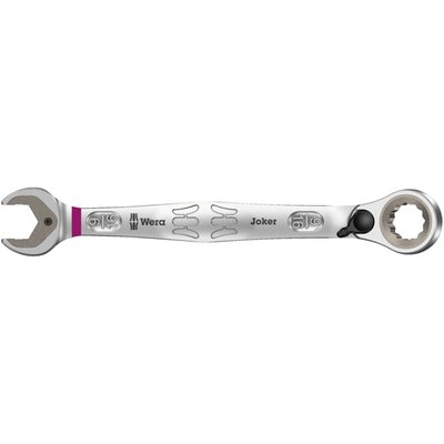 With an open end on one side and a ratcheting box end
on the other side. With identical sizes on both ends.
Color coded for size. When everything fails, it's time
to play your Joker.
- Open end.
The Joker has a non-angled 12-point beak, therefore it
requires just 30° of working space, otherwise it functions
just like a regular open end wrench. The dark metal
plate dual functions as a retainer, preventing the nut
to slip through the wrench beak or it holds the nut. 30°
further the metal retainer plate allows the nut to slide
through, or grip it since the metal plate is equipped with
a hardened ragged edge. The teeth of this edge will 'bite'
itself into a rounded-off nut, loosening it where others
do nothing but slip-off.
- Box end.
The box end head is angled at 15° from the handle.
Comes with a switch for ratcheting direction and a
very fine 80 tooth ratchet for a small 4.5° return angle.
Size: 9/16".
Overall length: 188mm.