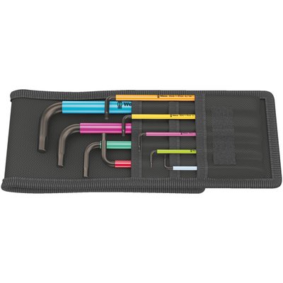 950/9 Hex-Plus Multicolor Imperial 1. 9-piece hex Lkey
kit in fold-up textile pouch for installing hex socket bolts in US sizes. 
With BlackLaser surface finish. The color coded thermoplastic sleeve enables fast color-size
identification, sleeves include printed size. Comes with
Hex-Plus tip. The ball-end hexagon on the long arm
allows bolt installation under an angle. Manufactured
from round material for comfort, the sleeve provides
additional comfort in cold weather. 
Note: Dimensions in millimeters. 
950 SPKL inch. 
Incl. 5/64"x101; 3/32"x112; 1/8"x123; 5/32"x137;
3/16"x154; 7/32"x172; 1/4"x185; 5/16"x195; 3/8"x224.
