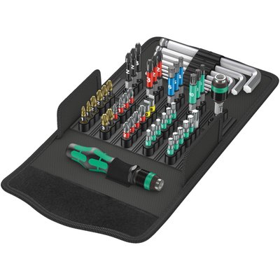 Kraftform Kompakt 100 KK. 52-piece kit. 
1/4" drive. Comes with a bit holding screwdriver with Rapidaptor
and a Rapidaptor quick-release bit chuck. With L-keys
for hex socket head bolts and selection of color coded
bits for Phillips, Pozidriv, Torx®, slotted and hex.  
Bits come as 25mm long BiTorsion or in 50mm long Impaktor
making it a high quality and comprehensive but small
packed kit. Packed in a robust textile fold-up pouch with
hook and loop on the rear side. 
- BiTorsion bits are absolute premium bits. The tip is
hardened steel but the BiTorsion zone in the shaft is
softer. The peak loads of impact drivers, prone to break
hardened bits, are absorbed. This makes the BiTorsion
bits tougher and more resilient for a longer service life. 
- Impaktor bits are compatible with impact drivers
and reduce the risk of bit breakage due to the special
tempering process. The diamond coated screw head
bites into the screw, preventing slip-out, requiring less
pressure and reduces fatigue. 
Kit contains: 
Series 813 R - Bit holding magnetic screwdriver. 
1/4" drive x 90mm long magnetic bit holding screwdriver
with incorporated Rapidaptor quick-release bit chuck
and multi-component handle. Takes 1/4" hex bits as per
DIN ISO 1173-C 6.3 and E 6.3 and Wera series 1 and 4. 
Series 889/4/1 K - Rapidaptor Quick-Release bit chuck. 
1/4" drive x 50mm long. Compatible with all 1/4" insert
bits and the longer power bits. The bit holder mechanically
holds bits tight through a self-locking mechanism,
just push bit in and it will self-adjust for bit length and
is magnetic. By pushing the bit holder rubber forwards,
the bit releases. The bit holder can be held by hand
for support during screwing actions since the sleeve
is free spinning. 
Series 851/1 BTZ PH - Phillips BiTorsion bits. 
1/4" drive. 25mm long. Universal, extra tough. Color
coded for head style (Red = Phillips) and print for size. 
Incl. 2xPH1; 4xPH2; 2xPH3. 
Series 851/4 IMP DC - Phillips Impaktor bits. 
1/4" drive. 50mm long. Diamond coated screw head to
prevent slipping. Compatible with impact drivers. Color
coded for head style (Red = Phillips) and printed for size. 
Incl. PH1; PH2. 
Series 855/1 BTH PZ - Pozidriv BiTorsion bits. 
1/4" drive. 25mm long. Extra hard. Color coded for head
style (Black = pozidriv) and printed for size. 
Incl. 2xPZ1; 4xPZ2; 2xPZ3. 
Series 855/4 IMP DC - Pozidriv Impaktor bits. 
1/4" drive. 50mm long. Diamond coated screw head
to prevent slipping. Compatible with impact drivers.
Color coded for head style (Black = Pozidriv) and
printed for size. 
Incl. 2xPZ2; PZ3. 
Series 867/1 BTZ TORX® - Torx® BiTorsion bits. 
1/4" drive. 25mm long. Universal, extra tough. Color
coded for head style (Green = Torx®) and printed for size. 
Incl. 2xTX10; 2xTX15; 3xTX20; 2xTX25; 2xTX30; TX40. 
Series 867/4 IMP DC - Torx® Impaktor bits. 
1/4" drive. 50mm long. Diamond coated screw head to
prevent slipping. Compatible with impact drivers. Color
coded for head style (Green = Torx®) and printed for size. 
Incl. TX25; TX30; TX40. 
Series 800/1 BTZ - Slotted BiTorsion bits. 
1/4" drive. 25mm long. Universal, extra tough. Color
coded for head style (Yellow = Slotted) and printed
for size. 
Incl. 0.8x5.5; 1.0x5.5. 
Series 840/4 IMP DC - Hex Impaktor bits. 
1/4" drive. 50mm long. For socket head bolts. Diamond
coated screw head to prevent slipping. Compatible with
impact drivers. Color coded for head style (Blue = Hex)
and printed for size. 
Incl. 4; 5; 6. 
Series 950 PKS - Chrome L-key. 
Metric L-key for hex socket head bolts. With Hex-Plus
head on long arm and ball-end on short arm (excl. 1.5
size with is regular hexagon). 
Incl. 1.5x50 ; 2.0x56; 2.5x63; 3.0x71; 4.0x80; 5.0x90; 6.0x100; 8.0x112.