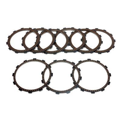 Friction plate set only. Specifically developed to handle the power and torque of High-Performance H-D M8 engines. This clutch set includes 'G3' friction plates (which incl. 6 friction plates and 3 jutter plates). G3 is a newly developed friction material that offers as good or better performance than the Alto Carbonite clutch material. It is formulated with graphitic carbon-based particles which is the most durable, consistent with improved shifting and reduced burn-out product to date for high horsepower and torque applications. 
In short, this is an excellent clutch plate set for stock to very high performance engines and a direct replacement for the OEM clutch plate set. 
Incl. 6 x 581908 friction (1.50" /3.81mm thick) & 3 x 581909 friction jutter (0.151"/3.84mm thick) plates. 

Note: Compatible with OEM components and friction discs. A matching 'Performance Steel' Alto steel drive plate set can be ordered separately as 581911.