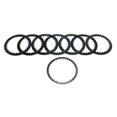 Steel drive plate set only. This 'Performance Steel' drive plate set is identical to the Alto 'Kolene-steel' drive plates, with the salt bath heat treated nitriding hardening process. But these Performance Steel plates are polished to achieve a lower RA controlled value surface, a smoother surface basically. This microscopically smoother surface reduces hot-spotting which helps reduce heat built-up and the occurrence of plate warpage. 
In short, this is an excellent clutch plate set for stock to very high performance engines and a direct replacement for the OEM clutch plate set. 
Incl. 5x 581912 (0.063"/1.6mm thick), 2 x 581913 (0.078"/1.98mm thick) and 1 x 581914 (0.079"/2.01mm thick) plates. 

Note: Compatible with OEM components and friction plates. A matching high performance Alto G3 Black friction plate kit can be ordered separately as 581910.