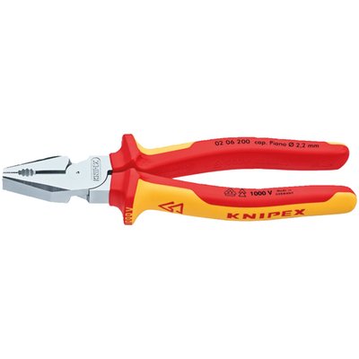 Overall length 200mm. 
Weight 343 gram. 
Insulated pliers, with extra long handles for additional leverage, made conform
IEC 60900DIN, EN 60900 and VDE 0680. Individually tested at 10.000V to ensure
safe working up to 1000 Volts. Manufactured from special forged tool steel that is
multi-stage oil hardened. With gripping zones for flat and round material. The cutting
edges are additionally precision induction hardened to approx. 63 HRC. Cuts 2.8mm
ø hard wire up to 2.2mm ø spring steel. 
Comes with multi-component VDE grips, a polished head and is chrome plated.