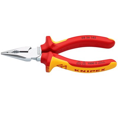 Overall length 145mm. 
Weight 145 gram. 
Insulated pliers made conform IEC 60900DIN, EN
60900 and VDE 0680. Individually tested at 10.000V
to ensure safe working up to 1000 Volts. Manufactured
from special forged tool steel that is multi-stage oil hardened.
With gripping zones for flat and round material
and a milled groove in the gripping area. The cutting
edges are additionally precision induction hardened to
approx. 60 HRC. Cuts 3.0mm ø mild steel wire up to
2.0mm ø hard wire. 
Comes with multi-component grips, a polished head and is chrome plated.
