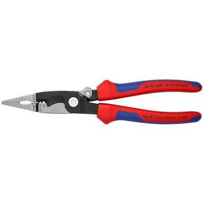 Overall length 200mm. 
Weight 280 gram. 
Manufactured from special forged tool steel that is multi-stage oil hardened. With
gripping zones for flat and round material, the outside is clear-cut and will deburr and
widen holes. Crimps 0.5 to 2.5² mm. Strips copper conductors from 0.75 to 1.5 and
2.5 mm². The cutting edges will cut copper wire up to Ø 15 mm (5 x 2.5² mm) wire. 
Comes with multi-component grips, a polished head and black phosphate coating.
