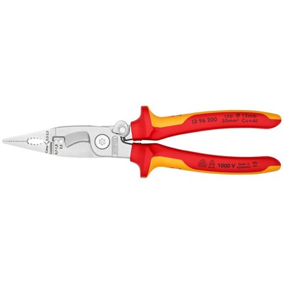 Overall length 200mm. 
Weight 280 gram. 
Insulated pliers made conform IEC 60900DIN, EN 60900 and VDE 0680. Individually
tested at 10.000V to ensure safe working up to 1000 Volts. Manufactured from
special forged tool steel that is multi-stage oil hardened. With gripping zones for
flat and round material, the outside is clear-cut and will debur and widen holes.
Crimps 0.5 to 2.5² mm. Strips copper conductors from 0.75 to 1.5 and 2.5 mm².
The cutting edges will cut copper wire up to Ø 15 mm (5 x 2.5² mm) wire. 
Comes with multi-component grips, a polished head and is chrome plated.