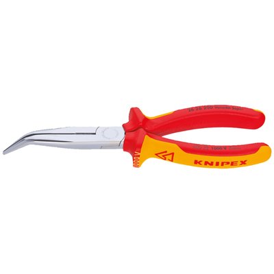 Overall length: 200mm. 
Weight: 204 gram. 
Insulated pliers made conform IEC 60900DIN, EN 60900 and VDE 0680. Individually
tested at 10.000V to ensure safe working up to 1000 Volts. Manufactured from
special forged tool steel that is multi-stage oil hardened. Distortion tolerant through
elastic tips and dimensionally stable when twisted. With half round long pointed jaws
that are angled at 45°. Cutting edges are additionally precision induction hardened
to approx. 61 HRC. Cuts 3.2mm ø mild steel up to 2.2mm ø hard wire. 
Comes with multi-component grips, a polished head and is chrome plated.