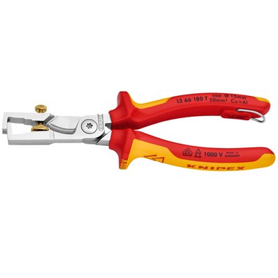 Overall length: 180mm. 
Weight: 210 gram. 
Insulated pliers made conform IEC 60900DIN, EN
60900 and VDE 0680. 
Individually tested at 10.000V to ensure safe working up to 1000 Volts. 
With knurled screw and locknut adjustable insulation stripper. Strips
single, multiple and multiple fine stranded wires. The
joint is bolted for a zero backlash operation. Manufactured
from special forged tool steel that is multi-stage
oil hardened. 
Cutting edges of the shear blade are additionally precision induction hardened to approx.
60 HRC and will cut cables up to 15mm diameter with 5 x 2.5mm² copper wire. 
Comes with multi-component grips, a polished head and is chrome plated.