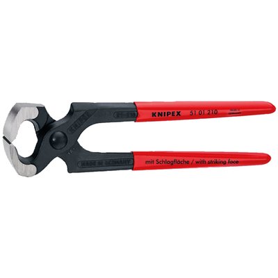 Overall diameter: 210mm. 
Weight: 413 gram. 
Used to pull and hammer-down nails. 
With special flat striking face, on one side only. 
Manufactured from special forged tool steel that is multi-stage oil hardened.
Cutting edges are additionally precision induction hardened to approx. 60 HRC. 
Cuts up to 2.2mm mild steel wire. 
Comes with plastic coated handles, a polished head and black phosfate coating.
