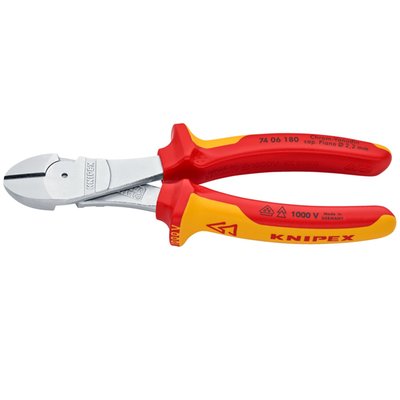 Overall diameter: 180mm. 
Weight: 280 gram. 
Insulated pliers made conform IEC 60900DIN, EN 60900 and VDE 0680. 
Individually tested at 10.000V to ensure safe working up to 1000 Volts. 
With integrated forged joint for very tough continuous usage. 
With optimized cutting edge angle and lever ratio for 20% effort reduction when compared to comparable diagonal cutting pliers. 
Manufactured from forged chrome vanadium tool steel that is multi-stage oil hardened. 
Cutting edges are additionally precision induction hardened to approx. 64 HRC and will cut from 3.8mm steel up to 2.2mm diameter hard spring steel.
 Comes with multicomponent grips, a polished head and is chrome plated.
