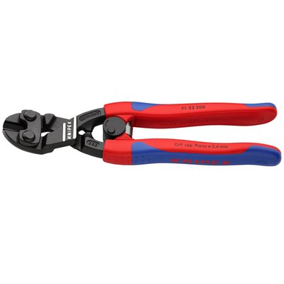 Overall length: 200mm. 
Weight: 365 gram. 
20° angled head. 
The ingenious lever action offers 60% effort reduction when compared to Knipex high leverage cutters of the same length. 
With gripping surface below the joint for wires with 1mm diameter and larger. 
Manufactured from forged chrome vanadium tool steel that is multi-stage oil hardened. 
Cutting edges are micro-structured, additionally precision induction hardened to approx. 64 HRC and will cut from 5.2mm steel up to 3.6mm diameter hard spring steel. 
Handles are angled at 20° for hand clearance in confined spaces. 
Comes with multi-component grips, a polished head and black phosphate coating.