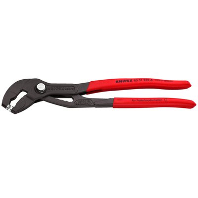 Overall length: 250mm. 
Adjustable: 25-step. 
Weight: 340 gram. 
Clamp size: up to 70mm. 
Used to grip and open virtually all spring-type clamps on water cooled system etc. 
Jaw inserts are free-rotating for angle adjustments under load. 
The serrated jaw offers grip to help remove stuck hoses. 
With a box-joint design for light weight and excellent stability. 
With a push-button operated adjustable ratchet for quick diameter adjustments. 
Manufactured from special forged chrome vanadium tool steel that is multi-stage oil hardened. 
Comes with non-slip plastic coated grips, and a gray phosphate coating.
