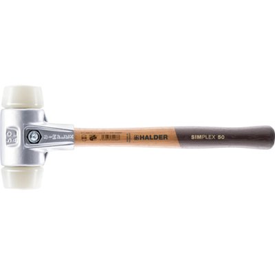 Aluminum hammer head housing with high quality wood handle. 
Hammer head housing comes with an integrated-handle protection sleeve and replaceable white nylon head inserts with hardness 4 on scale of 5. 
Offers no chipping, noise dampening, a very high impact and il oil and grease resistant. 
Note: Inserts can be replaced with inserts of other material and/or hardness for the specific requirement. 
Dimensions. 
Diameter head: 30mm. 
Length head: 90mm. 
Overall length: 300mm .
Weight: 215 gram.