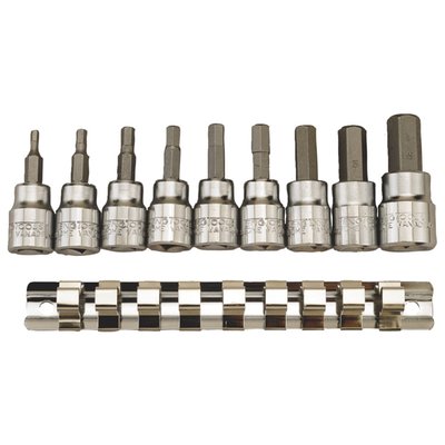 Metric sizes. 9-piece. For 3/8 drive wrenches. Chrome vanadium with clip rail included, for easy storage. Incl. 3, 4, 5, 5 1/2 , 6, 7, 8, 10 and 12mm.