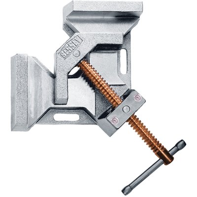 Max. opening: 2x90mm.
Max. material diameter: 60mm.
Jaw height: 35mm.
Jaw length: 110mm.
Weight: 3.8kg.
Used in steel construction work to hold and align materials at an exact 90° angle prior to welding. The open style clamping jaws give best welding access. Jaws and base plated are zinc plated cast iron, the spindle thread is copper plated steel to prevent welding splatter from sticking.