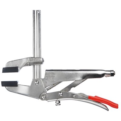 Max jaw opening: 100mm.
Max. throat depth: 65mm.
Weight: 1kg.
Lever-type clamp that works similar to the clamping action of a grip / locking plier. With parallel grip surfaces with a prism recess for small round parts. Includes pressure caps for clamping delicate surfaces.