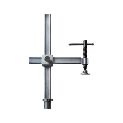 Max. clamp height: 300mm.
Throat depth: 40-175mm.
Overall height: 400mm.
Rail dimensions: 28x11mm.
Mount hole diameter: 28mm.
Weight: 2.11kg.
Used on welding tables. With variable throat depth. Tempered steel profile and sliding arm for sprung and elastic clamping.
The spindle is equipped with a tommy bar with rounded ends, the threads are special surface-coated for a smooth and bind-less action.