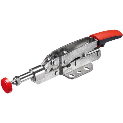 With horizontal clamping action.
Max. clamp width: 25mm.
Automatic adj. range: 8mm.
Max. clamping force: 1100N.
Weight: 0.19kg.
Versatile lever-style clamp, with release trigger, for use on machine tables or similar. Clamp body bolts down on table and clamp arm offers clamping action through a swiveling round pressure plate. In clamped position the quality 2-component handle is horizontal. Automatic adjustment up to the specific range, after which manual adjustment is possible.