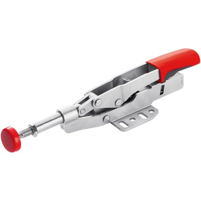 With horizontal clamping action.
Max. clamp width: 35mm.
Automatic adj. range: 13mm.
Max. clamping force: 2500N.
Weight: 0.45kg.
Versatile lever-style clamp, with release trigger, for use on machine tables or similar. Clamp body bolts down on table and clamp arm offers clamping action through a swiveling round pressure plate. In clamped position the quality 2-component handle is horizontal. Automatic adjustment up to the specific range, after which manual adjustment is possible.