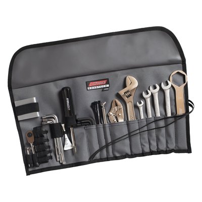 Complete travel tool kit for road-side repairs & adjustments. This kit includes a 34mm axle wrench and a four-stage hex axle adapter with 10mm, 12mm, 19mm, & 22mm sizes in one compact tool. Also includes 6 torx keys, 5 hex keys, 4 metric wrenches, mini ratchet with 2" extension and sockets. Further more a 6-in1 screwdriver, locking pliers, adjustable wrench, cable ties, mechanics wire, duct tape, thread locker, and a tire gauge. All perfectly organized in a heavy-duty roll-up pouch.