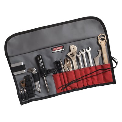 Professional grade travel tool kit for road-side repairs and adjustments. Developed for Indian Chief, Chieftain, Roadmaster and Scout models. Kit includes a pair of 27mm axle wrenches for removing rear wheels and a 14mm x 16mm hex axle adapter to remove front axles. Also included a pre-load shock adjustment tool and kit contains only select wrenches, sockets, hex and torx keys sizes as required, keeping the kit light-weight and compact.
