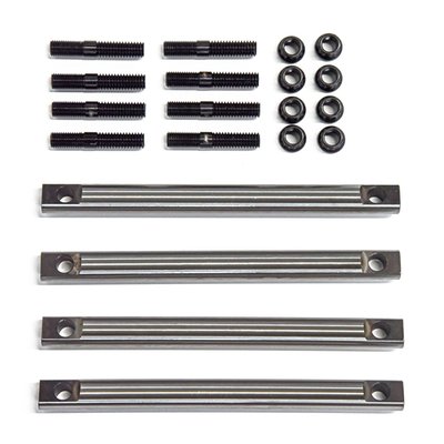 Precision machined from a low alloy nickel, chromium, molybdenum case hardened steel. Offers .0005" paralell tolerance on the flats of the shafts. Complete with a special stud & nut kit from 4130 steel for precision 'torque steady' installation of the rocker arm shafts. Perfect for performance applications with increased spring pressure. Upgraded replacement for the OEM 17300053 (front exh, rear int), 17300055 (front int, rear exh) and 17300059B (set). 