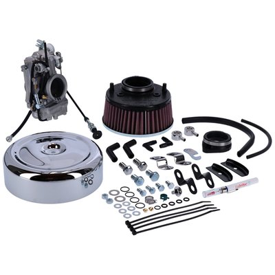 The 'Total Carb kit' includes the carburetor, a high performance manifold, K&N high flow air filter assembly, chrome air cleaner cover and breather kit.
Use S&S Super E manifold (MCS 940238). This must be purchased separately. 
Note: 84-89 models will need 90-95 style throttle cables