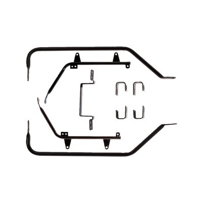 Steel. Black powder coated. Mounting kit, with all required hardware, to install 93-up style left & right side Touring fiberglass hard bags or leather bags to Softail models. For ABS models and use with 2" risers.