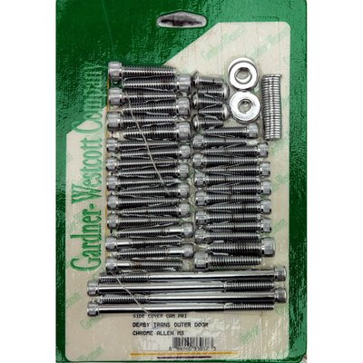 Unpolished chrome plated Allen head bolt kit. 
Complete mounting kit consisting of Allen bolts for the cam, primary, derby, inspection and transmission end cover. These kits come complete with special washers where applicable. 