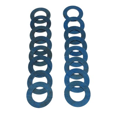 3 thicknesses .015", .030", .060". OD: 1.20"; ID: 0.57". Includes 8 shims of each size.