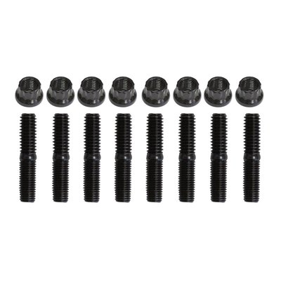 Includes studs & 12-point nuts. Heat treated 8640 steel. Black oxide coating. Replacement for the stock rockerarm shaft to rocker arm tower bolts. The one time installation of these studs help prevent damage to the aluminum rocker arm tower bolt threads and consequent damage of rocker arms coming loose. Especially advised when running high lift cams. Heat treated 8640 steel with a black oxide finish. Offers a 14% increase in material strength over stock bolts. 5/16-16 UNC to 5/16-24 UNF threaded.