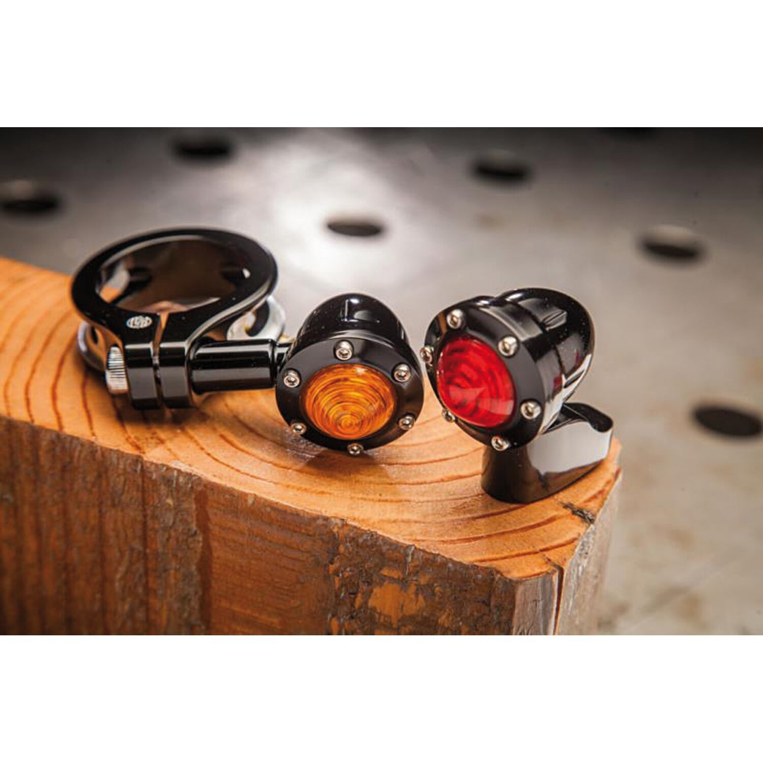 RSD, Tracker turn signal set. Front. Black, red lens, Gloss